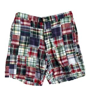J Crew Madras Plaid Patchwork Short Flat Front Prep Size 33 Shorts Cotton 9" Ins